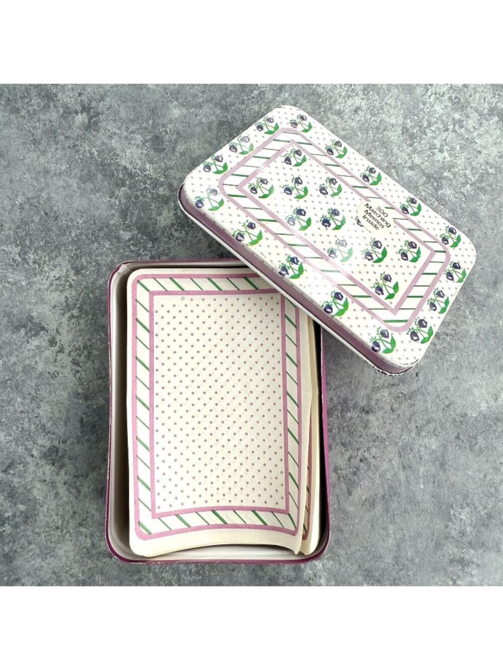 Vintage Giftco Purple Flowers Stationary Notes Paper Tin Made in Hong Kong